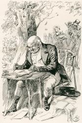 Mr. Pickwick. "Employing his leisure hours in arranging the memoranda which he afterwards presented to the secretary of the once famous club." Illustration by Harry Furniss for the Charles Dickens novel The Pickwick Papers, from The Testimonial Edition, p | Obraz na stenu
