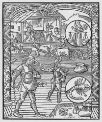 October, sowing, ploughing and threshing, Libra, illustration from the 'Almanach des Bergers', 1491 (xylograph) (b/w photo) | Obraz na stenu