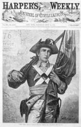 '76' Minuteman or Continental Soldier holding a musket flag, front cover of 'Harpers Weekly, A Journal of Civilization', engraved by Speer, New York, July 15th, 1876 (engraving) (b/w photo) | Obraz na stenu