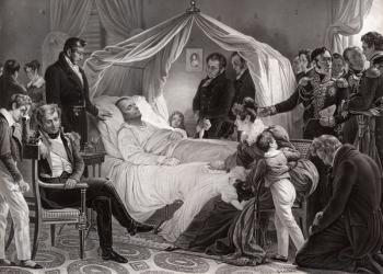 Napoleon I on his death bed on St. Helena, 5th May, 1821, after a painting by Charles de Steuben (litho) | Obraz na stenu