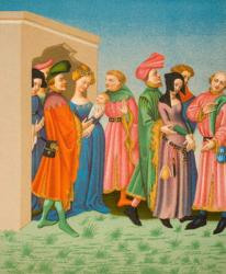A young mother´s retinue. Parisien costumes at end of 14th century. 19th century copy of miniature from latin Terence owned by King Charles VI | Obraz na stenu