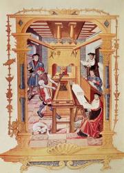 Interior of a 16th century printing works, copy of a miniature from 'Chants royaux sur la Conception couronnee du Puy de Rouen' (colour litho) | Obraz na stenu