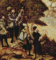 Johann Friedrich the Magnanimous, Elector of Saxony and Emperor Charles V hunting deer near Hartenfels Castle, Torgau, 1544 (oil on panel) (detail of 38682) | Obraz na stenu