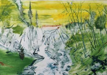 Waterfall at Dusk, Yellow, 2016, (monotype) | Obraz na stenu