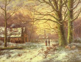 Figures on a path before a village in winter | Obraz na stenu