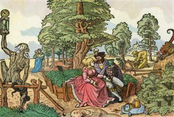 After a 16th century woodcut by Peter Flötner entitled The Hazards of Love. Lovers in a garden. Amongst the symbology, Father Time with a snake wrapped around his leg. From Illustrierte Sittengeschichte vom Mittelalter bis zur Gegenwart by Eduard Fuchs, p | Obraz na stenu