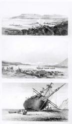Scenes of the 'Beagle' being repaired, on the distant cordillera of the Andes, and laid ashore on the Santa Cruz River, engraved by Thomas Landseer (1795-1880) (engraving) (b/w photo) | Obraz na stenu