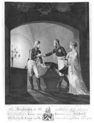 Near the ashes of Friederick II the Great of Prussia (1712-86), Tsar Alexander I (1777-1825) and King Friedrich Wilhelm III of Prussia (1770-1840) swearing immortal friendship, at Potsdam in the night of 4th to 5th November 1805, 1807 (engraving) (b/w pho | Obraz na stenu