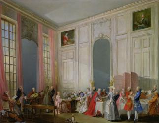 The English Tea (le The a l'Anglaise) and a Society Concert at the house of the Princesse de Conti, Palais du Temple, Paris with the Young Mozart at the Clavichord, 1766 (oil on canvas) | Obraz na stenu