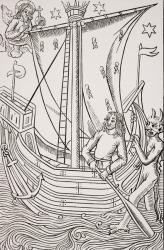 Merchant Vessel in a Storm, facsimile of a woodcut in 'Grand Kalendrier et Compost des Bergers' by Nicolas de Rouge, printed c.1490, from 'Le Moyen Age et La Renaissance' by Paul Lacroix (1806-84) published 1847 (litho) (detail of 260628) | Obraz na stenu