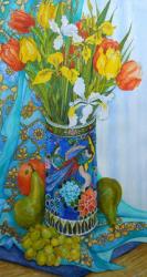 Tulips and Iris in a Japanese Vase, with fruit and textiles,2000 (watercolour) | Obraz na stenu