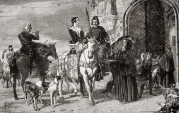 Hunting party taking refreshment. Scene at the gate of a monastery. From the picture by J.R. Herbert. | Obraz na stenu