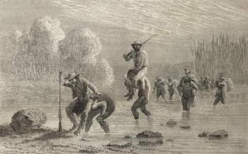 Paul Marcoy and his expedition being carried across a swamp in Argentina by Chuncho indians in 1874, illustration from 'The World in the Hands', published 1878 (engraving) | Obraz na stenu