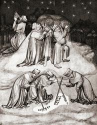 Philosophers on the summit of Mount Athos, Greece, taking observations of the stars and writing words in the dust. After an illumination from the 15th century Travels of Sir John Mandeville. From Impressions of English Literature, published 1944. | Obraz na stenu