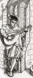 A Troubadour, detail of a woodcut, engraved by Georg Scharffenberg, from 'Der Todten Tanz', published Basel, 1843 (litho) | Obraz na stenu