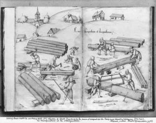 Silver mine of La Croix-aux-Mines, Lorraine, fol.2v and fol.3r, carpenters and carpentry, c.1530 (pen & ink & w/c on paper) (b/w photo) | Obraz na stenu