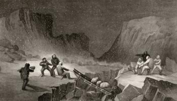 Crossing the Ice Belt at Coffee Gorge, engraved by R. Hinshlewood, from 'Arctic Explorations in the Years 1853, 54, 55', Volume I, by Doctor Elisha Kent Kane (1820-57) published Philadelphia, 1856 (litho) | Obraz na stenu
