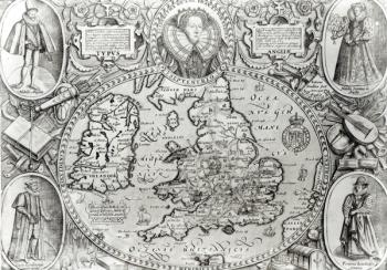 Map of England during the reign of Queen Elizabeth I, 1590 ( engraving) (b/w photo) | Obraz na stenu