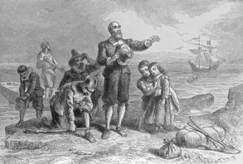 Landing of the Pilgrims, 1620, engraved by A. Bollett, from 'Harper's Monthly', 1857 (engraving) (b&w photo) | Obraz na stenu