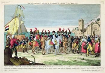 Napoleon (1769-1821) Leaving for Golf Juan, 1st March 1815 (coloured engraving) | Obraz na stenu