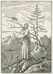 Woman with a Raven, on the Edge of a Precipice (woodcut) | Obraz na stenu