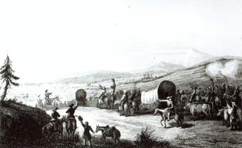 Arrival of the Caravan at Sante Fe, engraved by A. L. Dick (engraving) (b&w photo) | Obraz na stenu