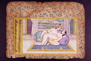 Erotic scene in a luxurious boudoir, Rajasthani miniature painting (w/c on paper) | Obraz na stenu