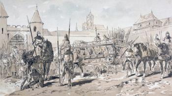 Cavalry and Foot Soldiers with Horse Drawn Wagon carrying Arms and Supplies during the 13th Century, 1886 (colour litho) | Obraz na stenu