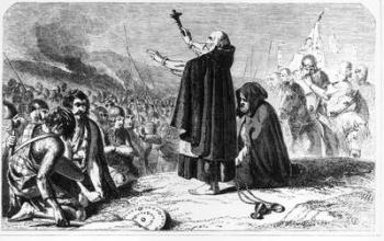 The Abbot of Inchaffray Blessing the Scottish Army Before the Battle of Bannockburn, 21st June 1314, engraved by T. Bolton (engraving) (b&w photo) | Obraz na stenu