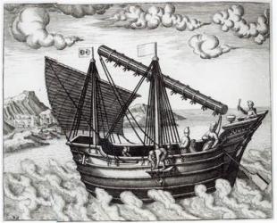 A Chinese Junk, illustration from 'Jan Huyghen van Linschoten, His Discourse of Voyages into the East and West Indies', 1579-92 (engraving) | Obraz na stenu