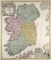 Map of Ireland showing the Provinces of Ulster, Munster, Connaught and Leinster, by Johann B. Homann, c.1730 (hand coloured engraving) | Obraz na stenu