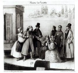 Performance of 'Le Pere Goriot' by Honore Balzac (1799-1850) at the Theatre des Varietes, c.1840 (litho) (b/w photo) | Obraz na stenu