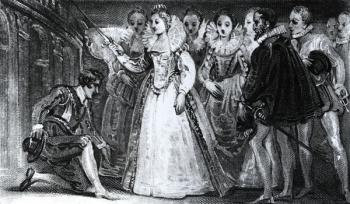 Queen Elizabeth I (1530-1603) Knighting Francis Drake (c.1540-96) in 1581 (engraving) (b/w photo) | Obraz na stenu