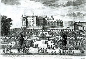 The Chateau de Chantilly and the gardens designed by Andre le Notre (1613-1700) (engraving) (b/w photo) | Obraz na stenu