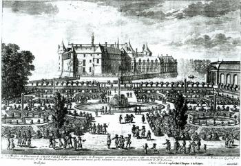 The Chateau de Chantilly and the gardens designed by Andre le Notre (1613-1700) (engraving) (b/w photo) | Obraz na stenu