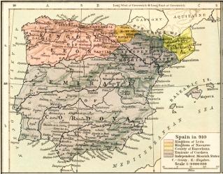 Map of Spain in 910 showing the kingdoms of León and Navarre, the county of Barcelona, the Emirate of Cordova and the independent Moorish States, from Historical Atlas, published 1923 (colour litho) | Obraz na stenu
