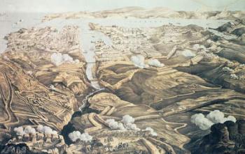 A Panoramic View of the External and Internal Defences of Sebastopol, the Batteries, Trenches and Siege Works of the Allies from sketches of a military engineer on the staff of Sir J. Burcoyne, pub. by Stannard and Dixon, 1855 (litho) | Obraz na stenu