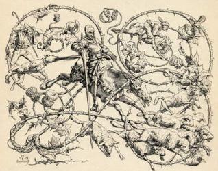 Don Quixote fighting the herd of sheep, mistaking them for two armies, 1839, from 'The Garden Arbour Family Journal', published 1905 (litho) | Obraz na stenu