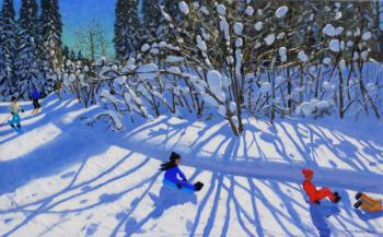 Sledging and skiing down the trail,Morzine, (oil on canvas) | Obraz na stenu