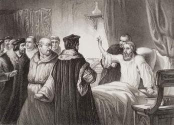 John Wycliffe (c.1330-84) on his sickbed assailed by the friars at Oxford, 1378, from 'Illustrations of English and Scottish History' Volume I (engraving) | Obraz na stenu