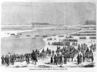 War of Duchies, the Prussian army crossing the Shlei at Arnis, illustration from 'Illustrierte Kriegsberichte aus Schleswig-Holstein', 1864 (engraving) (b/w photo) | Obraz na stenu