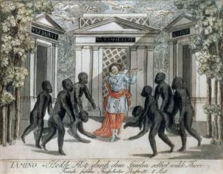 Tamino plays the magic flute to ward off the wild beasts, Act I scene xv, from `The Magic Flute' by Wolfgang Amadeus Mozart (1756-91), c.1793 (coloured engraving) | Obraz na stenu