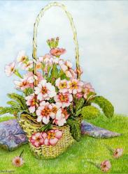 Pink Primroses in a Florist's Basket with a Paisley Scarf,2010,watercolour | Obraz na stenu