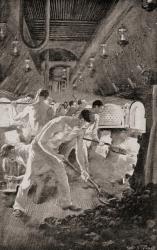 Stokers shoveling coal into furnaces in the engine room of a warship, c.1900. From The History of Our Country, published 1900. | Obraz na stenu