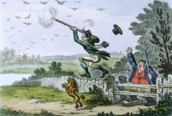 Cockney Sportsmen: Shooting Flying, engraved by James Gillray (1757-1815) 1800 (hand-coloured etching) | Obraz na stenu
