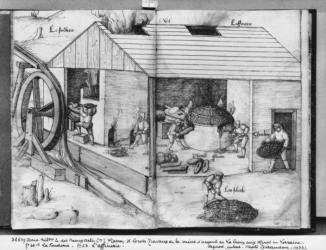 Silver mine of La Croix-aux-Mines, Lorraine, fol.22v and fol.23r, foundry and refining, c.1530 (pen & ink & w/c on paper) (b/w photo) | Obraz na stenu