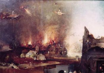 Detail of the village on fire, from the cenral panel of the Temptation of St. Anthony (oil on panel) | Obraz na stenu