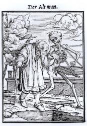 Death and the Old Man, from 'The Dance of Death', engraved by Hans Lutzelburger, c.1538 (woodcut) (b/w photo) | Obraz na stenu