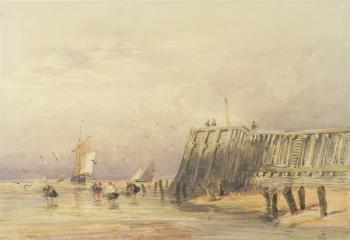 Seascape with Sailing Barges and Figures Wading Off-Shore, 1832 (w/c on paper) | Obraz na stenu