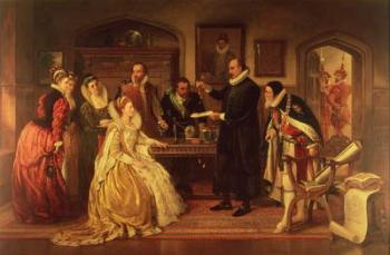 Dr William Gilberd (1540-1603) showing his Experiment on Electricity to Queen Elizabeth I and her Court, 19th century (oil on canvas) (see detail 99460) | Obraz na stenu